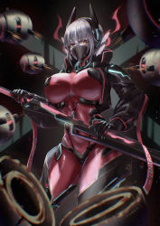 Rule 34 | 1girl, absurdres, android, black gloves, black jacket, bodysuit, breasts, commentary, cyberpunk, eyes visible through hair, gloves, hair between eyes, highres, holding, holding sword, holding weapon, jacket, katana, large breasts, long hair, looking at viewer, mask, medium hair, mouth mask, red bodysuit, see-through mask, skin tight, smirk, sword, virtual youtuber, vshojo, weapon, white hair, yellow eyes, yyfuu, zentreya, zentreya (cyborg), zentreya (cyborg) (1st costume)