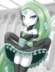 Rule 34 | 1girl, artist name, bare shoulders, black dress, black gloves, black thighhighs, blue eyes, blush, clothed pokemon, clothes lift, colored skin, creatures (company), detached collar, dress, dress lift, dutch angle, elbow gloves, frilled dress, frills, game freak, gem, gen 5 pokemon, gloves, green hair, green panties, hair ornament, legendary pokemon, lifted by self, long hair, maid, meloetta, meloetta (aria), mythical pokemon, nintendo, off-shoulder dress, off shoulder, panties, personification, pokemon, raised eyebrow, rilex lenov, sash, smile, solo, thighhighs, underwear, very long hair, white skin, window
