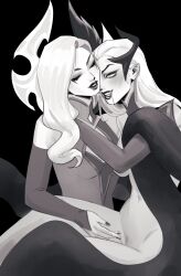 Rule 34 | 286456006, 2girls, absurdres, black background, blush, character request, cleavage cutout, clothing cutout, fangs, female pubic hair, fingering, fingernails, greyscale, highres, league of legends, lipstick, long hair, long sleeves, makeup, monochrome, multiple girls, nail polish, navel, nude, pointy ears, pubic hair, pussy juice, pussy juice trail, saliva, simple background, smile, sparse pubic hair, sweat, yuri