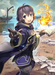 Rule 34 | 1girl, black eyes, black gloves, black hair, boat, book, cloud, company name, copyright name, crate, fire, fire emblem, fire emblem awakening, fire emblem cipher, fire, from side, gloves, hmk84, holding, holding book, hood, hood down, long sleeves, looking to the side, magic circle, morgan (female) (fire emblem), morgan (fire emblem), nintendo, official art, open book, open mouth, pointing, robe, short hair, sky, solo, watercraft, wide sleeves