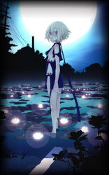Rule 34 | 1girl, barefoot, breasts, flower, fragile, fragile: sayonara tsuki no haikyo, from side, full moon, glowing, kneepits, looking at viewer, lotus, moon, namco, night, no panties, official art, power lines, ren (fragile), shallow water, short hair, sideboob, small breasts, solo, utility pole, wading, water, white hair