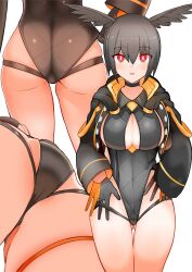 Rule 34 | 1girl, adjusting clothes, adjusting swimsuit, ass, black hair, black one-piece swimsuit, blush, breasts, cleavage, cleavage cutout, clothing cutout, commentary request, fate/grand order, fate (series), gloves, gluteal fold, head wings, highleg, highleg swimsuit, highres, jacket, large breasts, long sleeves, looking at viewer, one-piece swimsuit, ortlinde (fate), ortlinde (swimsuit assassin) (fate), parted lips, red eyes, short hair, simple background, swimsuit, thigh gap, thighs, valkyrie (fate), white background, wings, yoosai