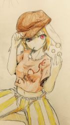 Rule 34 | 1girl, adjusting clothes, adjusting headwear, animal ears, blonde hair, breasts, commentary request, dango, efukei, floppy ears, food, hat, looking at viewer, medium breasts, midriff, mouth hold, navel, orange hat, orange shirt, rabbit ears, red eyes, ringo (touhou), shirt, short hair, short sleeves, solo, striped, touhou, traditional media, vertical stripes, wagashi