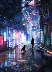 Rule 34 | ambiguous gender, can, city, cyberpunk, dog, highres, neon lights, original, industrial pipe, power lines, puddle, reason (mark-of-the-unicorn), reflection, scenery, silhouette, solo, standing