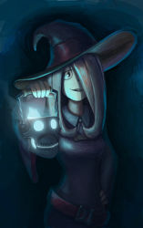 Rule 34 | 10s, 1girl, belt, female focus, fire, hair over one eye, hand on own hip, hat, lantern, little witch academia, long hair, skull, smile, solo, sucy manbavaran, teeth, witch, witch hat