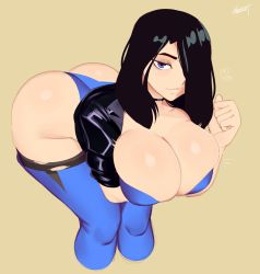Rule 34 | 1girl, absurdres, angel (kof), arm under breasts, artist name, ass, black hair, blue eyes, breasts, choker, cleavage, hair over one eye, heart, highres, huge ass, huge breasts, jacket, leaning forward, leather, leather jacket, looking at viewer, nezulet, original, seductive smile, simple background, smile, solo, the king of fighters, thighhighs, thighs