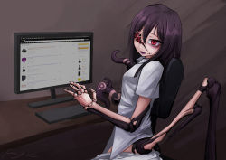 Rule 34 | 1girl, ageha (ray-k), amazon (company), artist name, black hair, hair between eyes, long hair, looking at viewer, monitor, monster girl, extra pupils, open mouth, original, ray-k, red eyes, shirt, sidelocks, signature, slit pupils, solo, table, tentacles, white shirt