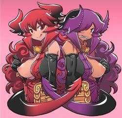 Rule 34 | 2girls, :q, bad id, bad tumblr id, bare shoulders, black gloves, blush, breast slip, breasts, curly hair, demon girl, demon horns, demon tail, detached collar, elbow gloves, full-face blush, gloves, horns, inverted nipples, large breasts, long hair, maou beluzel, matsuda yuusuke, multiple girls, nipples, nise maou kanizeru, no bra, one breast out, original, purple eyes, purple hair, red eyes, red hair, sharp teeth, sweat, tail, tan, teeth, tongue, tongue out, yuusha to maou