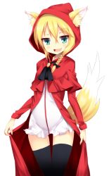 Rule 34 | 1girl, :d, animal ears, aqua eyes, black thighhighs, blonde hair, blush, bow, braid, fang, fox ears, fox tail, hair bow, highres, little red riding hood, little red riding hood (grimm), long hair, looking at viewer, open mouth, original, princess royale, simple background, single braid, smile, solo, tail, thighhighs, white background, zen33n