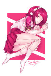 Rule 34 | 1girl, android, ass, barefoot, closed eyes, dorothy haze, hairband, highres, joints, lying, on side, oshino mirai, red hair, red skirt, robot joints, skirt, sleeping, solo, va-11 hall-a