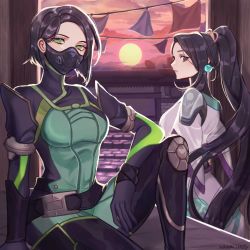 Rule 34 | 2girls, absurdres, animification, belt, black belt, black gloves, bodysuit, breasts, cloud, commentary, earrings, english commentary, gloves, green bodysuit, green eyes, grey robe, hair behind ear, hanacues, head tilt, highres, jewelry, long hair, looking at viewer, mask, medium breasts, mouth mask, multiple girls, parted bangs, ponytail, robe, sage (valorant), short hair, sitting, sky, sunset, valorant, very long hair, viper (valorant)