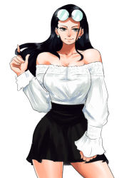 Rule 34 | 1girl, bare shoulders, black hair, black skirt, breasts, cleavage, collarbone, ear piercing, earrings, eyebrows, eyelashes, forehead, frilled sleeves, frills, grey eyes, highres, jewelry, lips, long hair, long sleeves, looking at viewer, nico robin, off-shoulder shirt, off shoulder, one piece, piercing, playing with own hair, shirt, skirt, sleeves past elbows, smile, solo, sunglasses, sunglasses on head, thighs, tina fate, white background, white shirt
