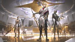 Rule 34 | 1boy, 6+others, armor, armored dress, belt, black footwear, blonde hair, boots, character request, ex astris, full body, gauntlets, gloves, highres, holding, holding sword, holding weapon, knee boots, libuqilai, looking at viewer, multiple others, sheath, sheathed, shirt, shoulder armor, standing, sword, weapon, white shirt