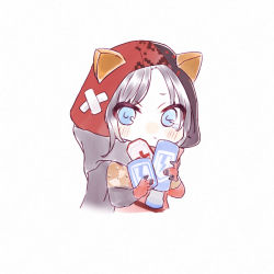 Rule 34 | 1girl, animal hood, animification, apex legends, black hair, black scarf, blue eyes, blush, cat hood, chibi, first aid kit, gloves, hellcat wraith, holding, hood, iroha (mimi0618xx), jacket, official alternate costume, parted bangs, red gloves, red jacket, scarf, solo, tearing up, upper body, wraith (apex legends)