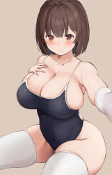 Rule 34 | 1girl, absurdres, blush, breasts, brown eyes, brown hair, cleavage, collarbone, elbow gloves, gloves, hand on own chest, highres, large breasts, looking at viewer, mole, mole on breast, neneneji, one-piece swimsuit, original, reaching, reaching towards viewer, short hair, simple background, single glove, sitting, skindentation, solo, swimsuit, thighhighs, thighs, white gloves, white thighhighs, wide hips