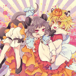 Rule 34 | 2girls, :3, animal ears, blonde hair, bloomers, bow, capelet, dress, frilled sleeves, frills, gem, girl on top, grey dress, grey hair, hair ornament, hand on own cheek, hand on own face, jewelry, unworn jewelry, long sleeves, looking at viewer, mouse ears, mouse tail, multicolored hair, multiple girls, nazrin, necklace, unworn necklace, open mouth, orange eyes, pendant, red eyes, sash, shirt, skirt, smile, streaked hair, tail, tail bow, tail ornament, tiger ears, tomobe kinuko, toramaru shou, touhou, underwear, wide sleeves