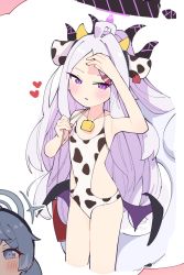 Rule 34 | 2girls, ahoge, ako (blue archive), animal ears, animal print, bare shoulders, blue archive, blue eyes, blue hair, blush, collarbone, cow ears, cow print, cowboy shot, cropped legs, fake animal ears, flat chest, hair ornament, hairband, hairclip, halo, heart, highres, hina (blue archive), horns, imagining, innertube, kamo (kamonabe 44), long hair, looking at viewer, low wings, multiple girls, multiple horns, one-piece swimsuit, parted lips, purple eyes, shading eyes, solo focus, swim ring, swimsuit, thought bubble, very long hair, wings