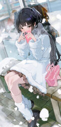 Rule 34 | 1girl, absurdres, black hair, blush, breath, brick road, cellphone, coat, covered mouth, fur-trimmed coat, fur trim, grey scarf, highres, holding, holding phone, idolmaster, idolmaster shiny colors, long hair, looking at viewer, loose socks, mayuzumi fuyuko, outdoors, phone, pink bag, reflection, scarf, sitting, snow, snowing, socks, solo, uouokuma, very long hair, white coat