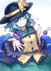 Rule 34 | 1girl, ainy, bad id, bad pixiv id, blue flower, blue rose, eyeball, flower, gradient background, green eyes, green hair, hat, hat ribbon, heart, heart-shaped pupils, heart of string, highres, komeiji koishi, long sleeves, matching hair/eyes, one eye closed, open hand, outstretched arm, petals, ribbon, rose, shirt, short hair, skirt, smile, solo, string, symbol-shaped pupils, third eye, touhou, wide sleeves
