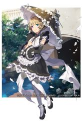 Rule 34 | 1girl, apron, artist name, blonde hair, blue eyes, bow, bowtie, company name, flower, full body, heterochromia, leaf, maid, maid apron, maid headdress, official art, pantyhose, parasol, petals, purple eyes, sasha (valkyrie connect), short hair, simple background, solo, sparkle, sukja, umbrella, valkyrie connect, water, white background