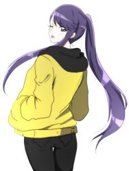 Rule 34 | 1girl, ;p, alternate hairstyle, black pants, blue eyes, cowboy shot, floating hair, from behind, hands in pockets, heartcatch precure!, high ponytail, hood, hood down, hooded sweater, long hair, long sleeves, looking at viewer, looking back, one eye closed, pants, precure, purple hair, sidelocks, simple background, solo, standing, sweater, swept bangs, thigh gap, tongue, tongue out, tsukikage oyama, tsukikage yuri, very long hair, white background, yellow sweater