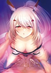 Rule 34 | 1boy, 1girl, areola slip, ayanami (azur lane), azur lane, blonde hair, breasts, cleavage, clothed female nude male, clothed sex, cowgirl position, cum, heart, heart-shaped pupils, hetero, highres, looking at viewer, motion lines, noukatu, nude, open mouth, cum overflow, ponytail, pov, red eyes, sex, simple background, straddling, symbol-shaped pupils