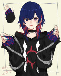 Rule 34 | 1girl, :p, \||/, black choker, black hoodie, blue eyes, blue hair, blue nails, brown background, choker, closed mouth, colored inner hair, diamond earrings, earrings, hair over shoulder, hands up, highres, hood, hood down, hoodie, isshiki (ffmania7), jewelry, kamitsubaki studio, light smile, long hair, long sleeves, looking at viewer, multicolored eyes, multicolored hair, pinching sleeves, red eyes, red hair, rim (kamitsubaki studio), signature, simple background, solo, thumb hole sleeves, tongue, tongue out, upper body, virtual youtuber, w arms, wolf cut, yellow pupils