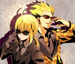 Rule 34 | 1boy, 1girl, ahoge, animal print, artoria pendragon (all), artoria pendragon (fate), blonde hair, earrings, fate/stay night, fate (series), formal, gilgamesh (fate), green eyes, ha84no, hair slicked back, jewelry, leopard print, necktie, official alternate costume, red eyes, saber (fate), suit, sunglasses