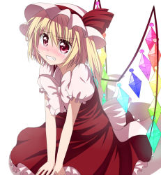 Rule 34 | 1girl, blonde hair, blush, clenched teeth, embodiment of scarlet devil, female focus, flandre scarlet, haiiro (immature), hat, ponytail, red eyes, short hair, short hair with long locks, side ponytail, simple background, solo, tears, teeth, touhou, wings