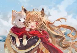Rule 34 | 1girl, ;d, absurdres, ahoge, animal, animal ears, arknights, blonde hair, blue sky, blush, breath, ceobe (arknights), cold, day, dog, dog ears, floating hair, highres, holding, holding animal, holding dog, kirrrara, long hair, long sleeves, looking at viewer, one eye closed, open mouth, outdoors, red eyes, red scarf, scarf, shared clothes, shared scarf, shiba inu, sky, smile, solo, teeth, upper body, upper teeth only, very long hair, wind