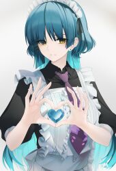 Rule 34 | 1girl, absurdres, aqua hair, black shirt, blunt bangs, bocchi the rock!, chuuni227, closed mouth, collared shirt, colored inner hair, dot nose, ear piercing, expressionless, frills, gem, hair ribbon, hands up, heart, heart hands, highres, long hair, maid, maid headdress, mole, mole under eye, multicolored hair, necktie, parted bangs, piercing, puffy short sleeves, puffy sleeves, purple necktie, ribbon, shirt, short sleeves, simple background, solo, upper body, white background, yamada ryo, yellow eyes
