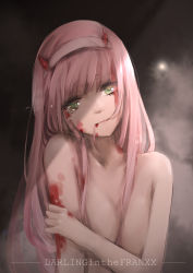 Rule 34 | 10s, 1girl, blood, blood on arm, blood on clothes, blood on face, breasts, cleavage, collarbone, convenient arm, copyright name, crying, crying with eyes open, darling in the franxx, green eyes, hairband, hand on own arm, head tilt, highres, horns, lao bai, long hair, medium breasts, nude, pink hair, solo, straight hair, tears, white hairband, zero two (darling in the franxx)