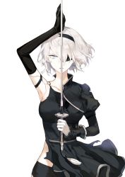Rule 34 | 2girls, bare shoulders, blindfold, breasts, elbow gloves, gloves, holding, holding sword, holding weapon, katana, medium breasts, multiple girls, nier (series), nier:automata, shaokao range, solo, split theme, sword, weapon, white background, white hair, 2b (nier:automata)