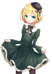 Rule 34 | 1girl, aged down, bad id, bad pixiv id, beret, black bow, black hat, black pantyhose, black ribbon, blonde hair, blunt bangs, blush, bow, closed mouth, commentary request, dress, fate (series), frilled dress, frills, green dress, green eyes, hair ribbon, hat, highres, juliet sleeves, long sleeves, looking at viewer, lord el-melloi ii case files, mini hat, pantyhose, pom pom (clothes), puffy sleeves, reines el-melloi archisorte, revision, ribbon, seungju lee, short hair, simple background, skirt hold, solo, tilted headwear, tongue, tongue out, white background