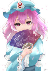 Rule 34 | 1girl, absurdres, artist name, backlighting, bloom, blue hat, chirihouki, covered mouth, folding fan, frills, hair between eyes, hand fan, hat, highres, holding, holding fan, japanese clothes, kimono, long sleeves, looking at viewer, mob cap, petals, pink eyes, pink hair, saigyouji yuyuko, short hair, signature, simple background, solo, touhou, triangular headpiece, upper body, white background, wide sleeves