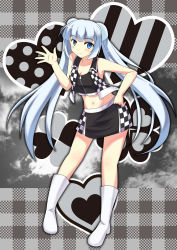 Rule 34 | 10s, 1girl, absurdres, alternate costume, blue eyes, boots, checkered background, checkered clothes, checkered skirt, checkered vest, hair bun, highres, long hair, midriff, miss monochrome, miss monochrome (character), oune yuu, race queen, silver hair, single hair bun, skirt, solo, twintails, very long hair, vest, waving