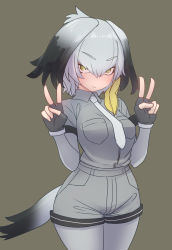 Rule 34 | 10s, 1girl, black gloves, black hair, blush, bodystocking, breasts, double v, fingerless gloves, gloves, green eyes, grey hair, grey shirt, head wings, highres, kemono friends, looking at viewer, low ponytail, medium breasts, multicolored hair, necktie, shirt, shoebill (kemono friends), short sleeves, side ponytail, solo, sumiyao (amam), v, wings