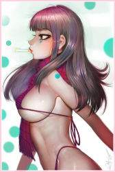 Rule 34 | 1girl, bikini, border, bow, breasts, cigarette, from side, highres, large breasts, lipstick, long hair, makeup, multicolored hair, original, pink border, pink bow, plaid, plaid scarf, polka dot, polka dot bikini, profile, purple eyes, purple hair, randy (awesomevillage), red lips, red scarf, scarf, sideboob, solo, swimsuit