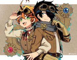 Rule 34 | 1boy, 1girl, adjusting goggles, adjusting scarf, ahoge, back-to-back, belt, black hair, blue scarf, brown background, brown gloves, brown jacket, brown vest, chinese commentary, commentary request, corset, emma (yakusoku no neverland), fork, gears, gloves, goggles, goggles on head, green eyes, grey eyes, hair over one eye, jacket, jiyuu (xjuyux), knife, letterboxed, locked arms, long sleeves, necktie, open clothes, open jacket, open mouth, orange hair, pinstripe pattern, pinstripe vest, pouch, ray (yakusoku no neverland), red neckwear, scarf, short hair, smile, steampunk, striped clothes, striped vest, teeth, twitter username, upper teeth only, vest, wavy hair, yakusoku no neverland