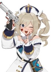 Rule 34 | 1girl, barbara (genshin impact), blonde hair, blood, blood on face, blood on hands, blue eyes, book, bow, breasts, commentary request, dress, drill hair, flasso, genshin impact, gun, hair between eyes, handgun, hat, highres, holding, holding gun, holding weapon, index finger raised, long hair, long sleeves, looking at viewer, one eye closed, open mouth, simple background, small breasts, solo, twin drills, twintails, vision (genshin impact), weapon, white background, white dress