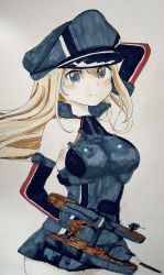 Rule 34 | 1girl, anchor, arm up, armor, bare shoulders, bismarck (kancolle), blonde hair, blue eyes, breastplate, breasts, brown gloves, detached sleeves, eyes visible through hair, gloves, hat, highres, kantai collection, long hair, looking at viewer, machinery, marker (medium), medium breasts, military, military hat, military uniform, mizunototori, peaked cap, photo (medium), smile, solo, traditional media, uniform
