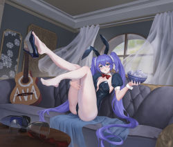 Rule 34 | 1girl, a-soul, absurdres, animal ears, ava (a-soul), blue eyes, blue hair, blush, bowl, couch, cup, detached collar, drinking glass, fake animal ears, feet, hair between eyes, highres, knees apart feet together, knees together feet apart, leotard, long hair, looking at viewer, pantyhose, parted lips, playboy bunny, rabbit ears, shoe dangle, shoes, soles, spill, thighs, toes, twintails, unworn shoes, virtual youtuber, white pantyhose, wine glass