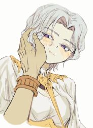 Rule 34 | 2boys, blush, brothers, closed mouth, dark souls (series), dark souls i, dark souls iii, dark sun gwyndolin, gold necklace, grey hair, hand on another&#039;s cheek, hand on another&#039;s face, highres, jewelry, multiple boys, nameless king, necklace, parted bangs, purple eyes, short hair, siblings, simple background, smile, solo focus, trap, upper body, white background, zunkome