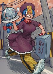 Rule 34 | 1girl, absurdres, blue hair, bow, braid, braided ponytail, chanta (ayatakaoisii), cloud, cloudy sky, dress, hair bow, highres, holding, jiangshi (chanta), long hair, ofuda, ofuda on clothes, open mouth, original, pants, purple dress, purple headwear, red bow, red sky, shadow, shoes, sky, solo, very long hair, white footwear, yellow pants