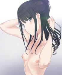 Rule 34 | 1girl, absurdres, arms behind head, black hair, blue eyes, blush, breasts, collarbone, hands up, highres, idolmaster, idolmaster shiny colors, kazano hiori, long hair, looking at viewer, mole, mole under mouth, nipples, nude, open mouth, ponytail, q (ed69), small breasts, solo, swept bangs, upper body