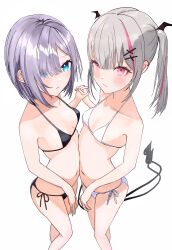 Rule 34 | 2girls, :o, absurdres, asumi sena, bat hair ornament, belly-to-belly, bikini, black bikini, blue eyes, blush, breasts, closed mouth, cross hair ornament, demon tail, ear piercing, fang, flat chest, foreshortening, from above, from side, frown, grey hair, hair between eyes, hair ornament, hair over one eye, highres, holding hands, interlocked fingers, kaga sumire, long hair, micro bikini, multicolored hair, multiple girls, multiple tails, navel, parted bangs, piercing, pink eyes, pink hair, ringed eyes, short hair, side-tie bikini bottom, simple background, skin fang, small breasts, stomach, streaked hair, swimsuit, tail, twintails, virtual youtuber, vspo!, white background, white bikini, x hair ornament, yamaoka remu, yuri
