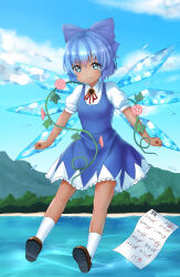 Rule 34 | 1girl, blue bow, blue dress, blue hair, blue sky, bow, brown footwear, circled 9, cirno, collared shirt, dress, eyelashes, flower, frilled dress, frills, hair bow, highres, ice, ice wings, leaf, math, melt (meltdkh), misty lake, paper, pink flower, plant, puffy cheeks, red ribbon, ribbon, shirt, short hair, sky, socks, solo, sunflower, tanned cirno, tears, touhou, translated, vines, white shirt, white socks, wings