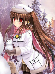 Rule 34 | 1girl, :o, animal ears, bell, beret, brown hair, cat ears, fir tree, forest, gloves, hair bell, hair ornament, hat, holding, little busters!, long hair, long sleeves, na-ga, natsume rin, nature, parted lips, pine tree, plaid, plaid scarf, plaid skirt, plant, ponytail, red eyes, ribbon, scarf, skirt, snowman, solo, tareme, tree, very long hair, winter