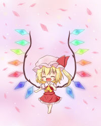 Rule 34 | 1girl, ascot, bad id, bad pixiv id, blonde hair, blush, chibi, closed eyes, embodiment of scarlet devil, female focus, flandre scarlet, frilled skirt, frills, gradient background, hand on own chest, hat, highres, open mouth, pink background, red skirt, seki514, short hair, side ponytail, skirt, skirt set, solo, touhou, wings