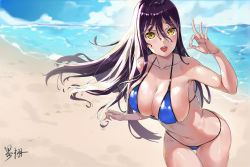 Rule 34 | 1girl, :d, absurdres, beach, bikini, blue bikini, blue sky, blurry, breasts, cleavage, collarbone, covered erect nipples, cowboy shot, day, depth of field, gem, gluteal fold, hair between eyes, halterneck, heiyu, highres, horizon, large breasts, leaning forward, long hair, looking at viewer, navel, open mouth, outdoors, pearl (gemstone), purple hair, shiny skin, sky, smile, solo, swimsuit, thigh gap, wet, yellow eyes